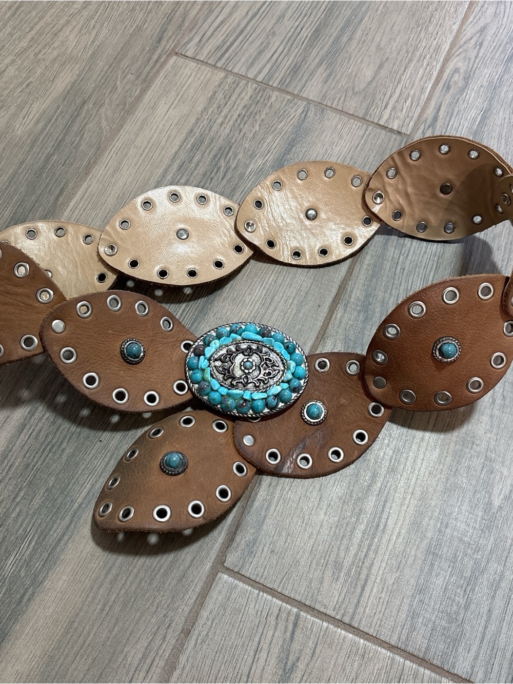 Brown Genuine Leather Belt with Turquoise Center Concho Size M/L